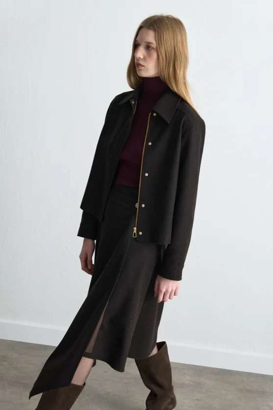 Zipped Wool Coat Jacket Brown - 5