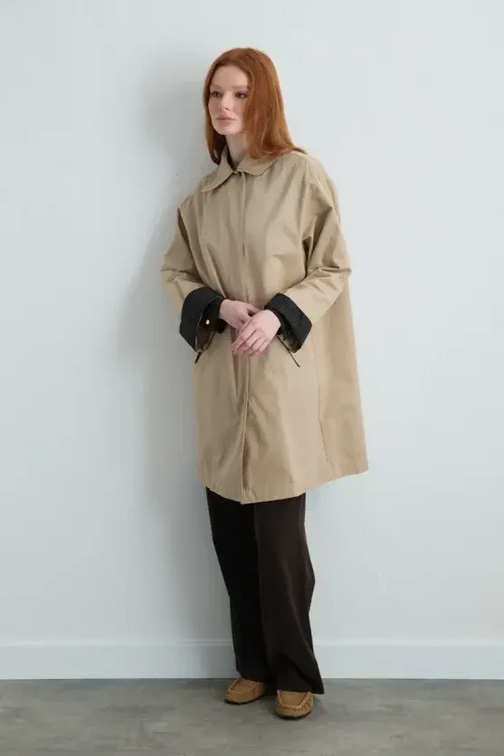 Zippered Cotton Trench Coat - Beige - 9