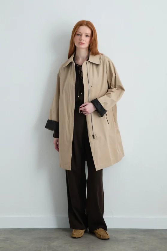 Zippered Cotton Trench Coat Beige - Gusto