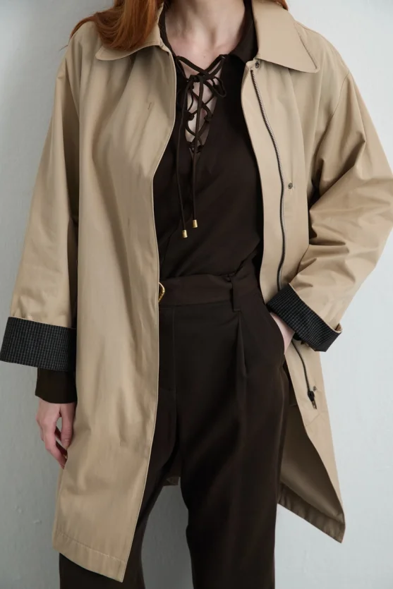 Zippered Cotton Trench Coat Beige - 8