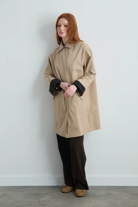 Zippered Cotton Trench Coat Beige - 9