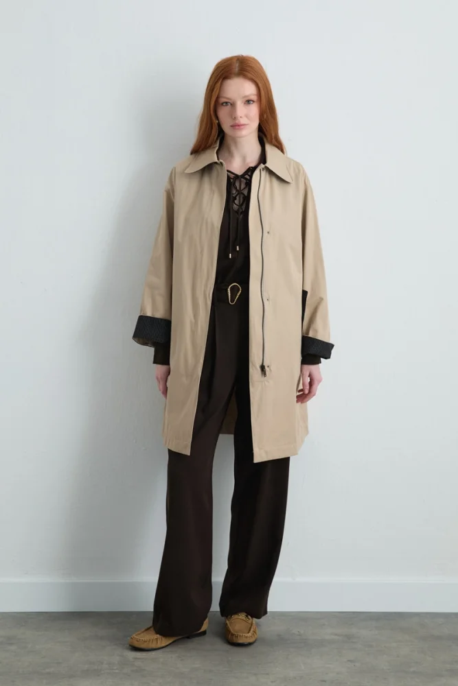 Zippered Cotton Trench Coat Beige