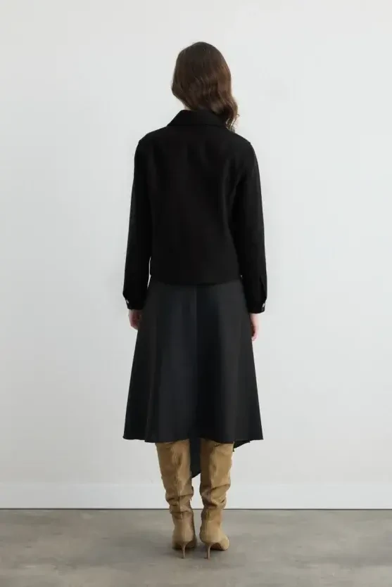 Zippered Wool Blend Coat - Black - 5