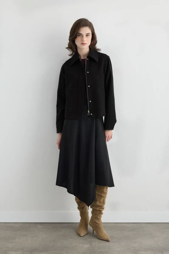 Zippered Wool Blend Coat Black - 1