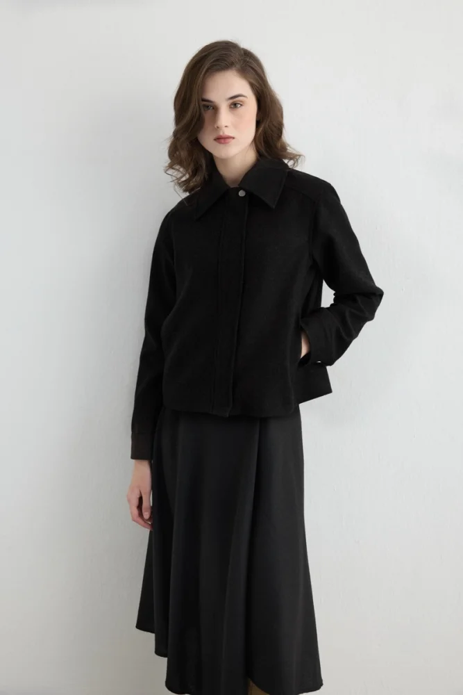 Zippered Wool Blend Coat Black - Gusto (1)