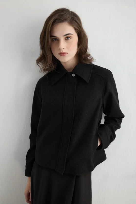 Zippered Wool Blend Coat Black - 3