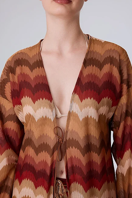 Etnik Desen Raşel Örgü Kimono - Turuncu - Gusto