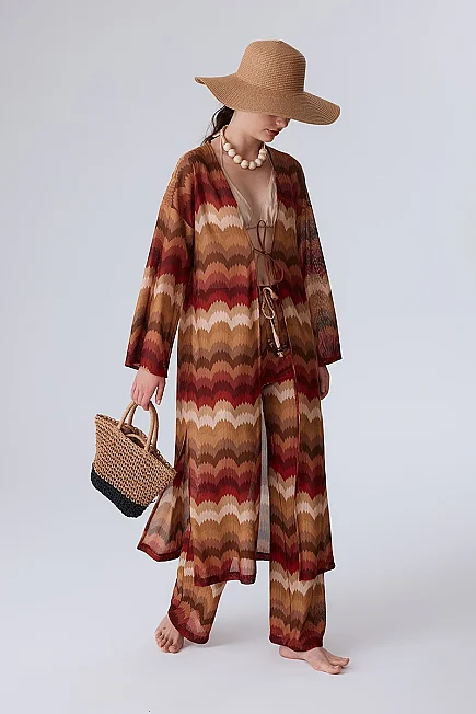 Etnik Desen Raşel Örgü Kimono - Turuncu - Gusto