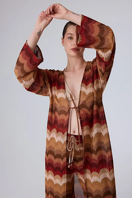 Etnik Desen Raşel Örgü Kimono - Turuncu - Gusto