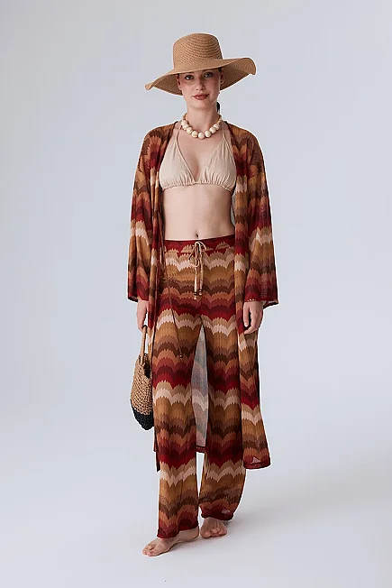 Etnik Desen Raşel Örgü Kimono - Turuncu - Gusto