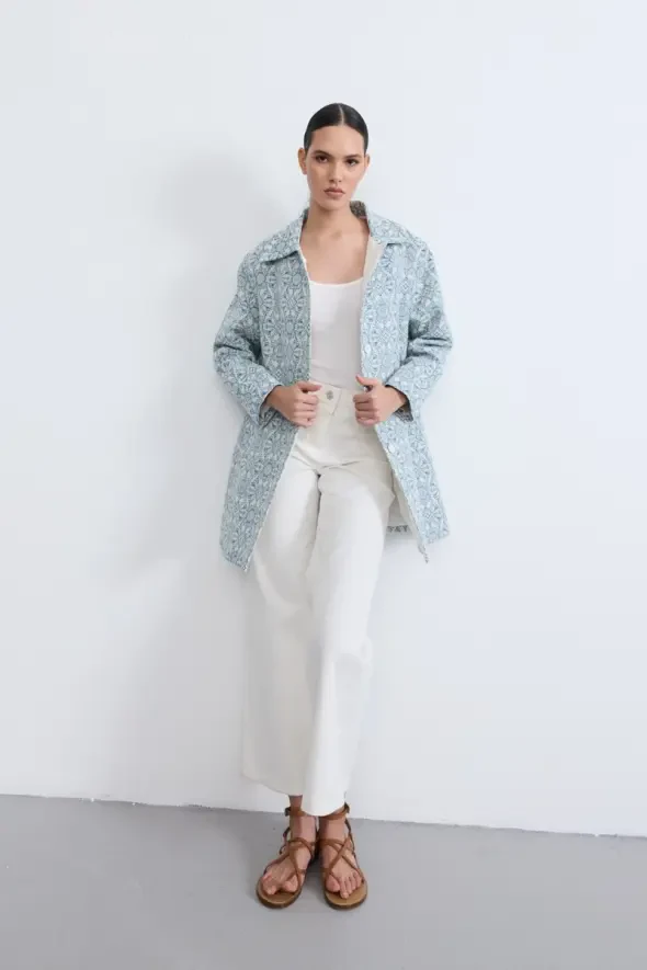 Etnik Desenli Koton Kaftan - Mavi - 2