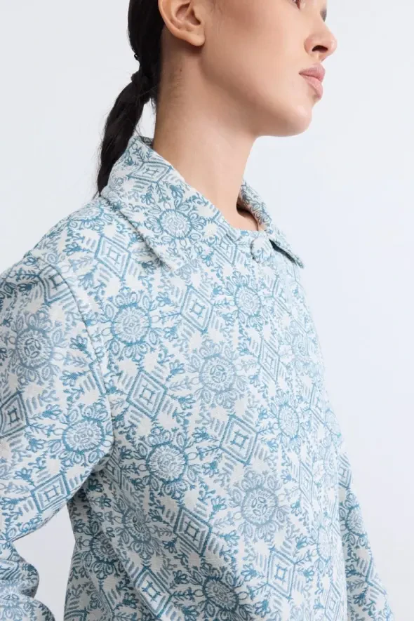 Etnik Desenli Koton Kaftan - Mavi - 6