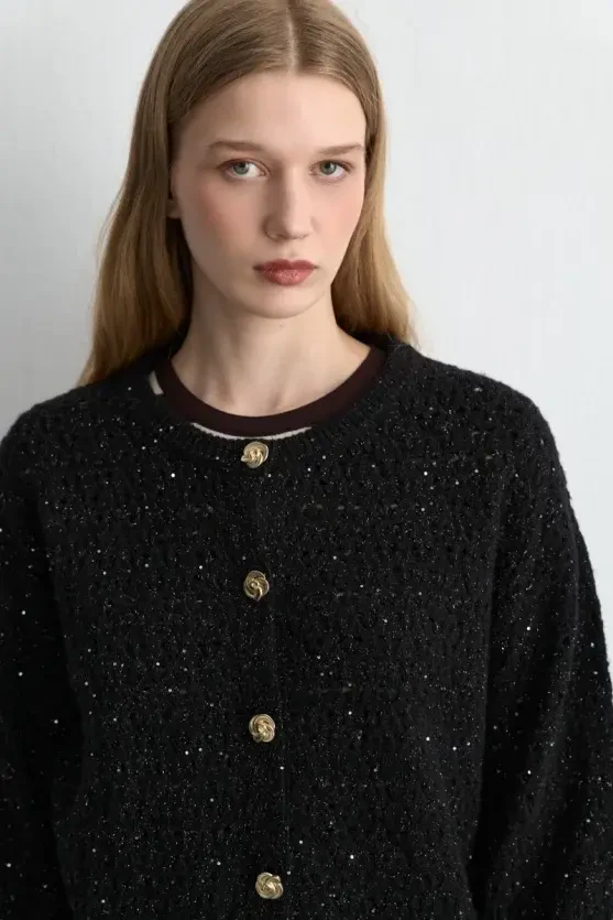 Eyelet Knit Cardigan - Black - Gusto