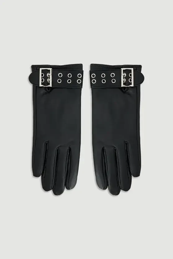 Faux Leather Gloves with Belt Detail - Black - Gusto