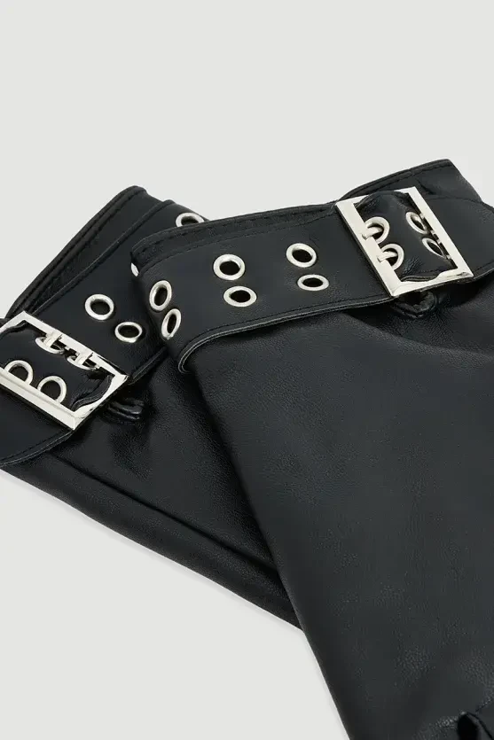 Faux Leather Gloves with Belt Detail - Black - Gusto