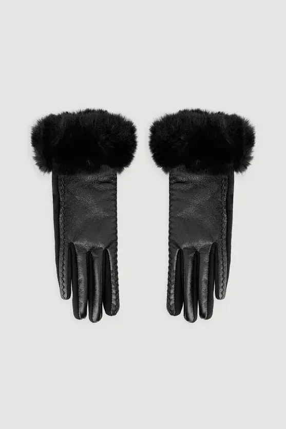 Faux Leather Gloves with Fur Stitch Detail - Black - Gusto
