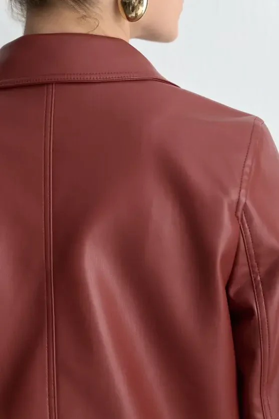 Faux Leather Jacket with Pockets - Burgundy - 4
