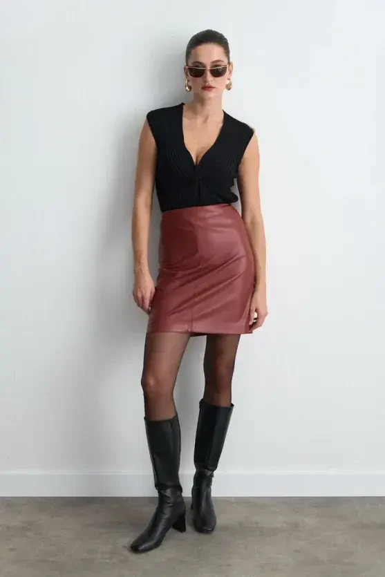 Faux Leather Mini Skirt - Burgundy - 1