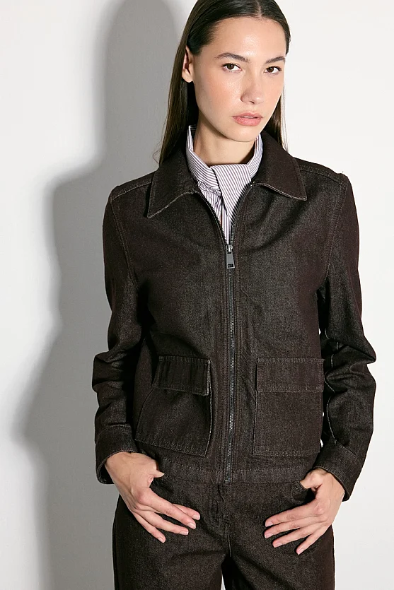 Fermuarlı Denim Ceket - Bordo - Gusto