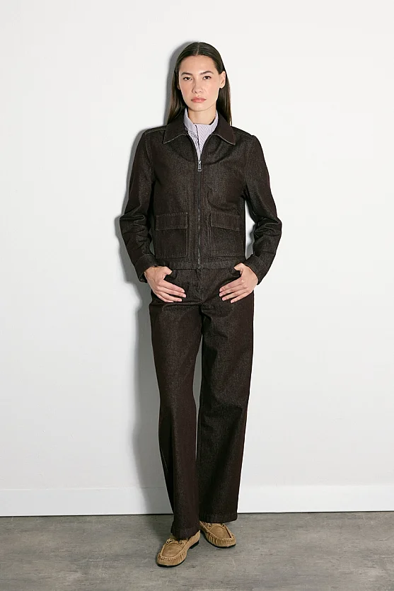 Fermuarlı Denim Ceket - Bordo - 5