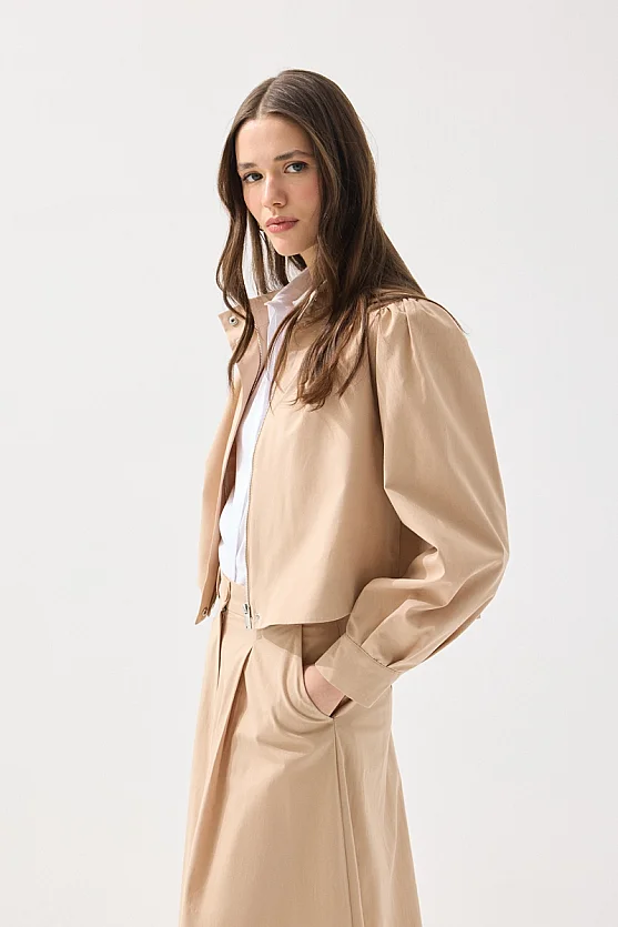 Fermuarlı Koton Ceket - Bej - 4