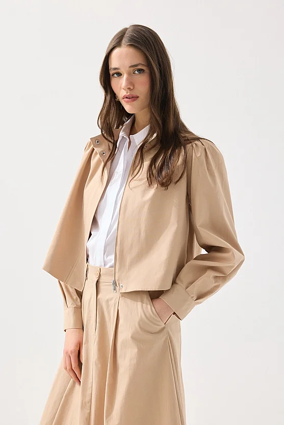 Fermuarlı Koton Ceket - Bej - Gusto