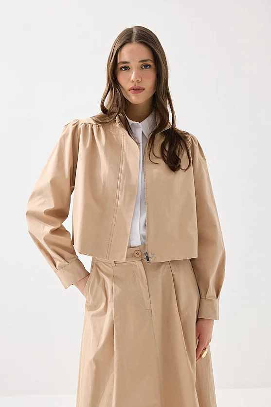 Fermuarlı Koton Ceket - Bej - Gusto