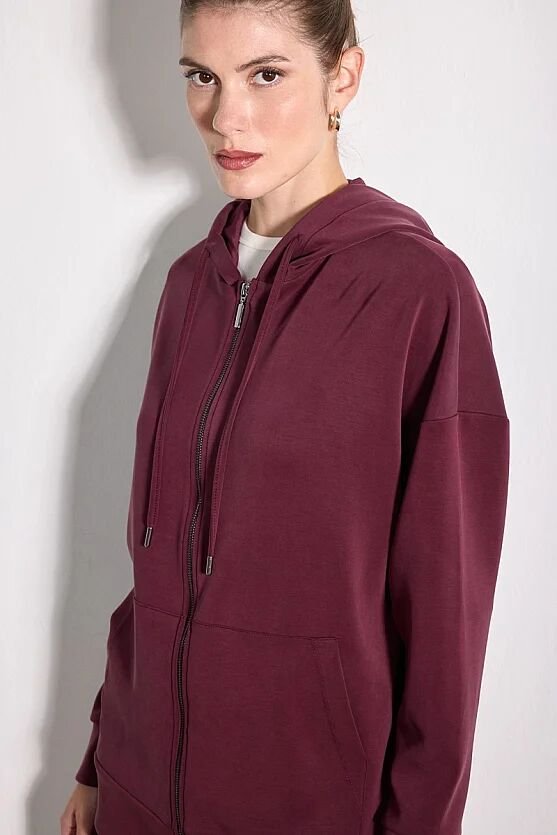 Fermuarlı Uzun Kollu Modal Örme Sweatshirt - Bordo - Gusto