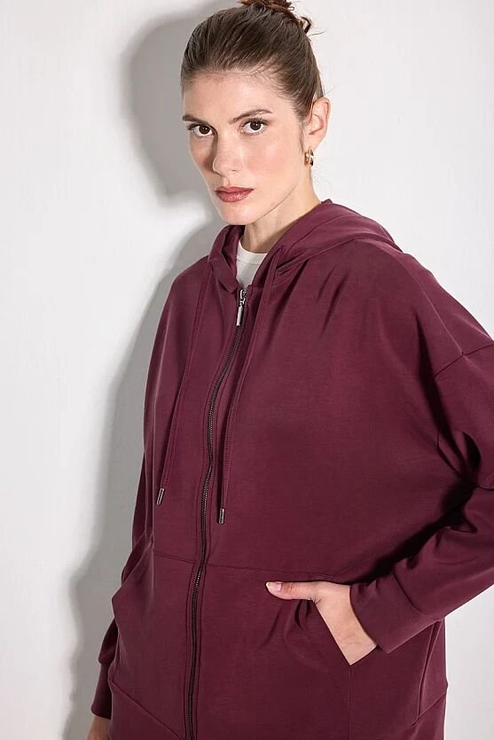 Fermuarlı Uzun Kollu Modal Örme Sweatshirt - Bordo - Gusto