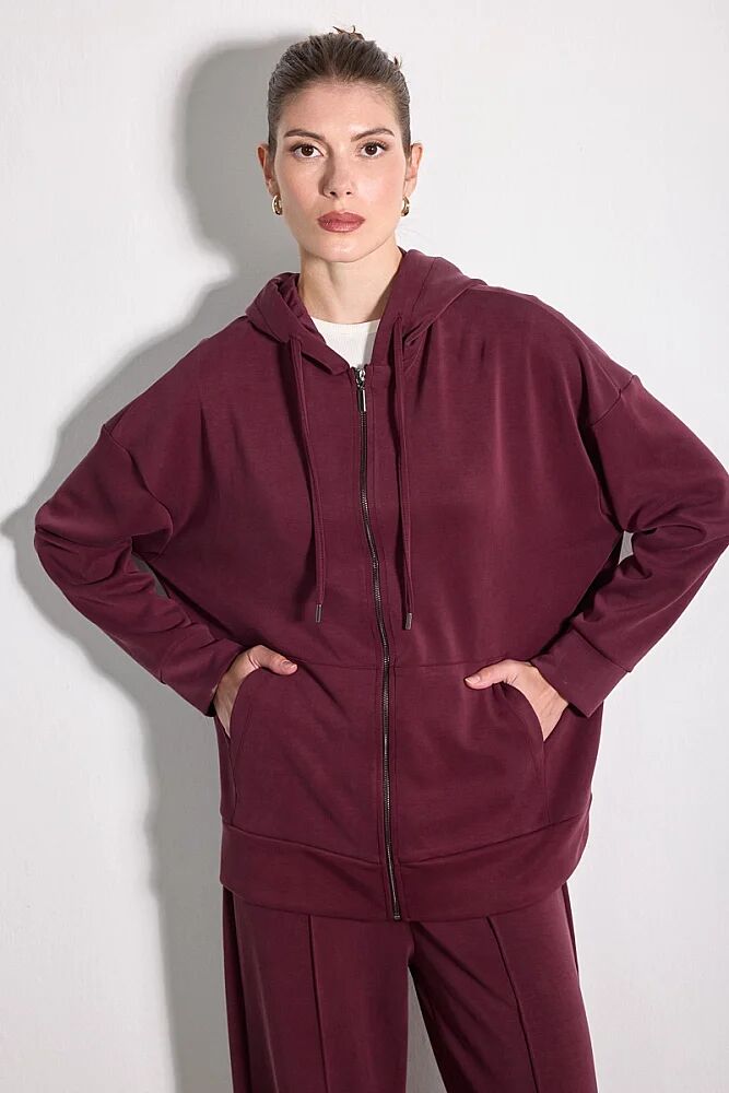 Fermuarlı Uzun Kollu Modal Örme Sweatshirt - Bordo Bordo