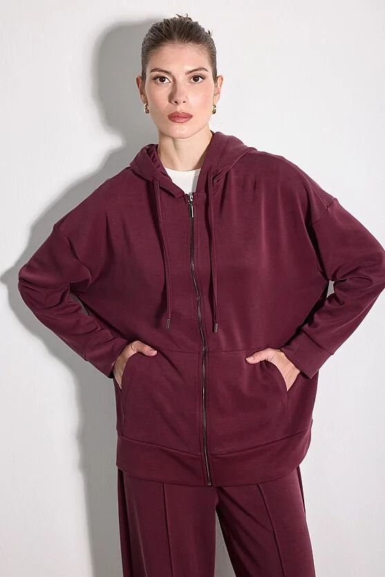 Fermuarlı Uzun Kollu Modal Örme Sweatshirt - Bordo - 1