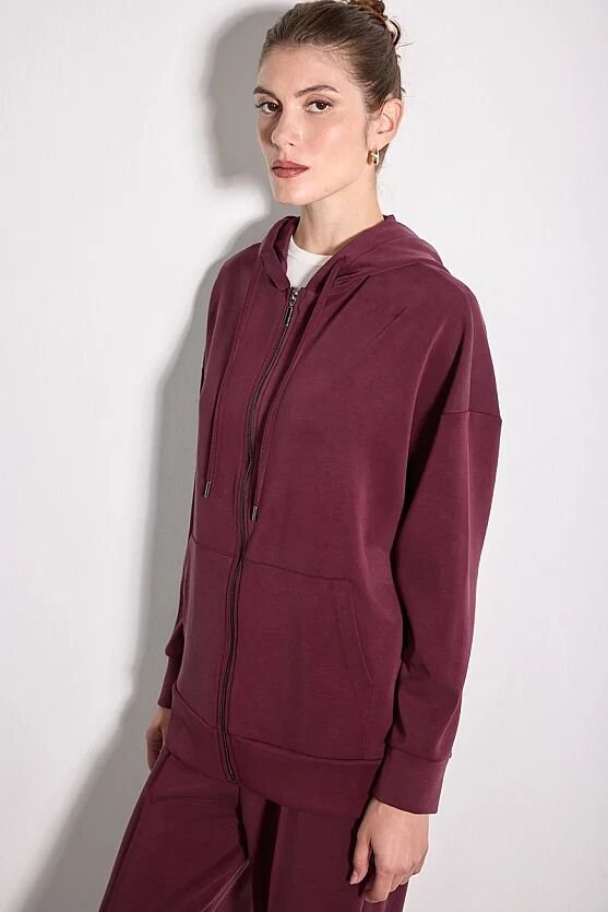 Fermuarlı Uzun Kollu Modal Örme Sweatshirt - Bordo - 3