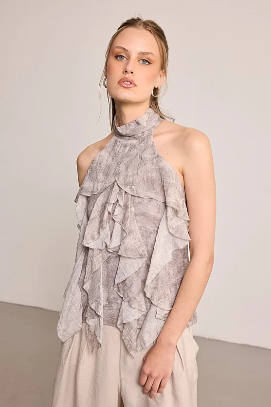 Fırfırlı Şifon Bluz - Gri - 5