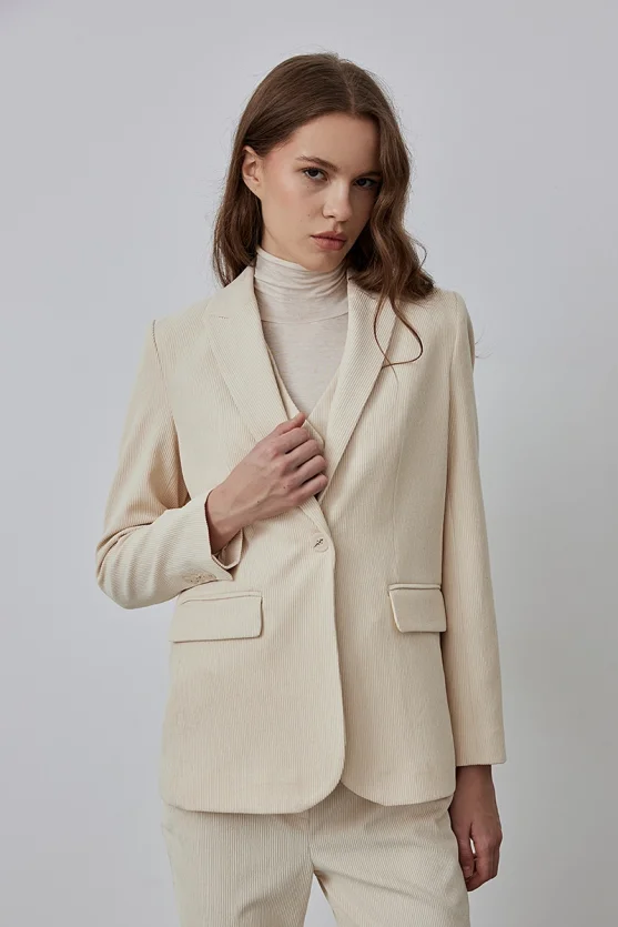 Fitilli Kadife Blazer Ceket - Ekru - Gusto