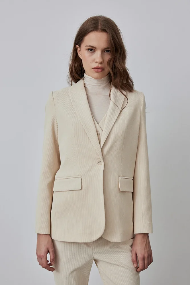 Fitilli Kadife Blazer Ceket - Ekru