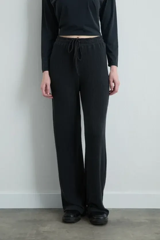 Fitilli Modal Örme Bol Paça Pantolon - Gri - Gusto