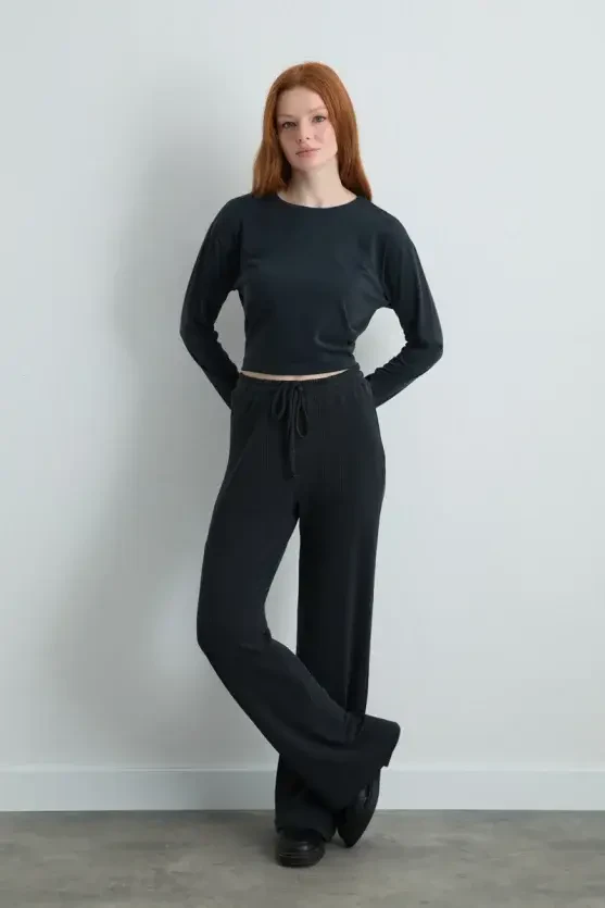 Fitilli Modal Örme Bol Paça Pantolon - Gri - 3