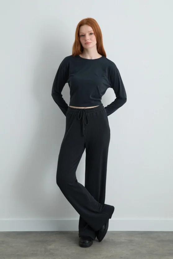 Fitilli Modal Örme Bol Paça Pantolon - Gri - 3