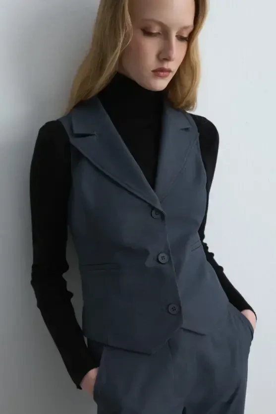 Fitted Fabric Vest - Navy Blue - 3