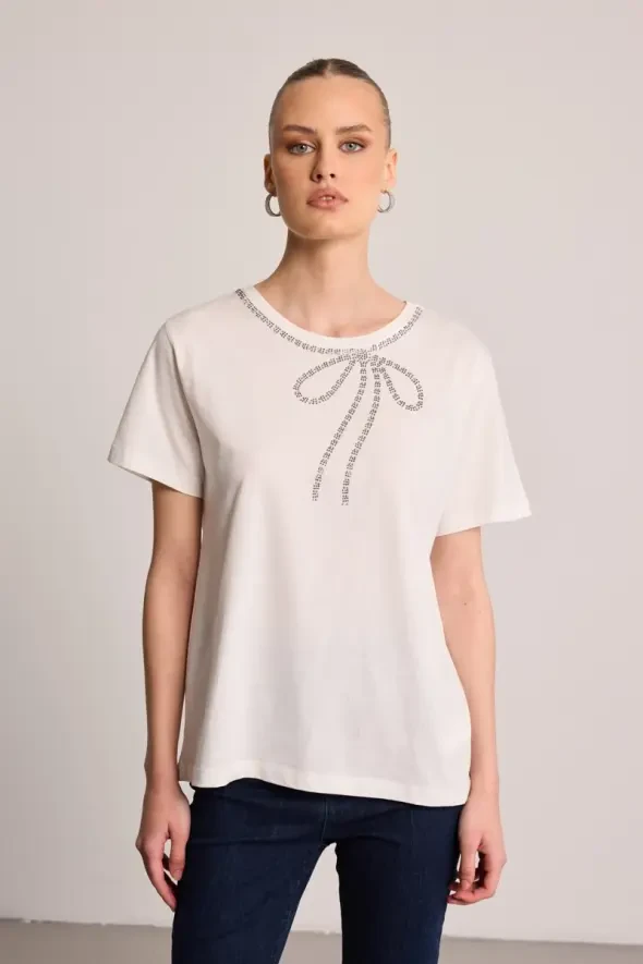 Fiyonk Taş İşleme Detaylı Pamuk T-Shirt - Ekru - 1