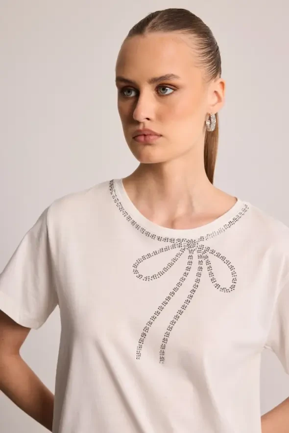 Fiyonk Taş İşleme Detaylı Pamuk T-Shirt - Ekru - 2
