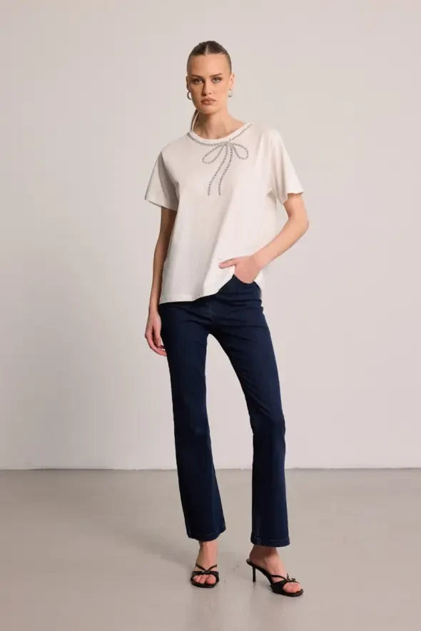 Fiyonk Taş İşleme Detaylı Pamuk T-Shirt - Ekru - 3