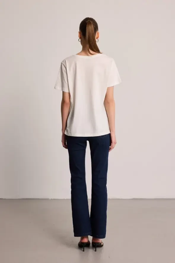 Fiyonk Taş İşleme Detaylı Pamuk T-Shirt - Ekru - 4
