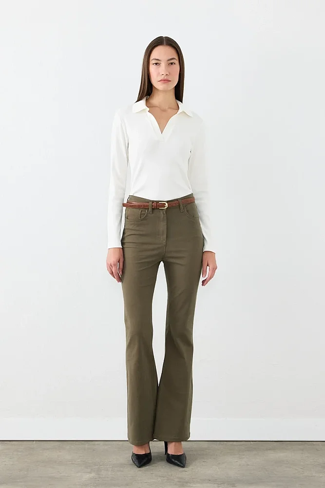 Flare Fit Kanvas Pantolon - Haki Haki