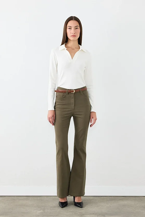 Flare Fit Kanvas Pantolon - Haki - 1
