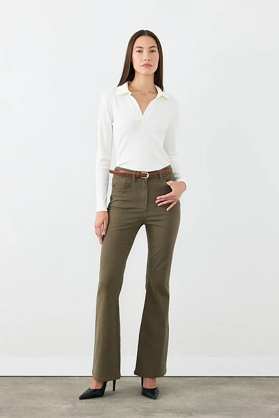 Flare Fit Kanvas Pantolon - Haki - 3