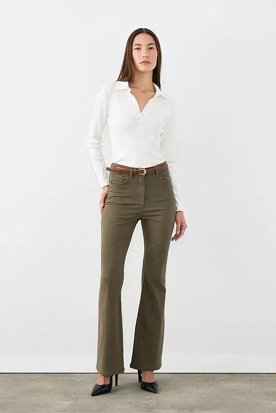 Flare Fit Kanvas Pantolon - Haki - Gusto