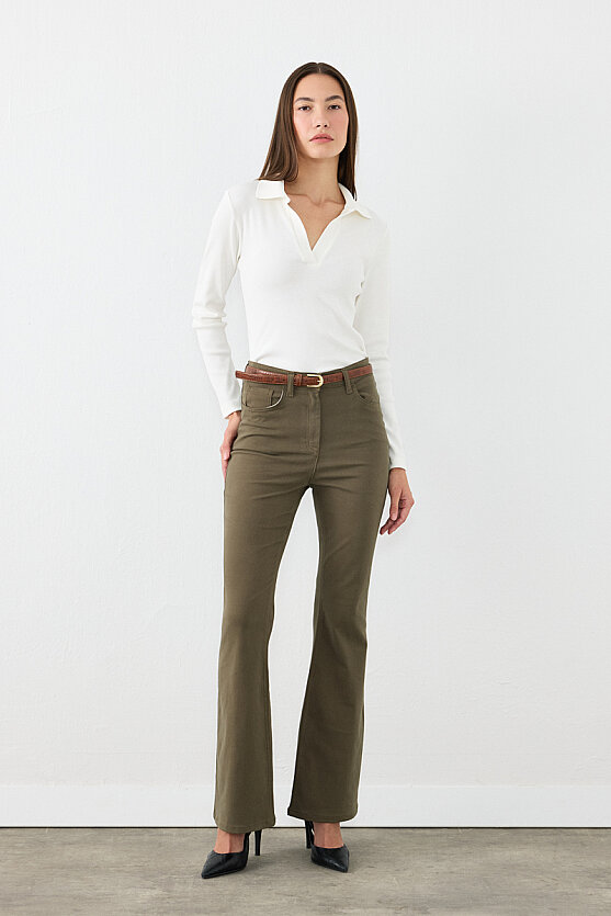Flare Fit Kanvas Pantolon - Haki - 4