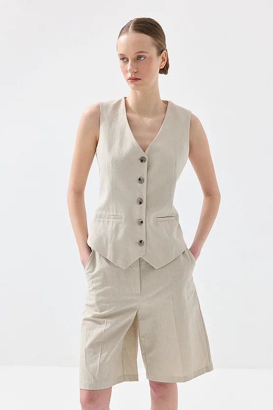 Fleto Cepli Keten Yelek - Taş - Gusto