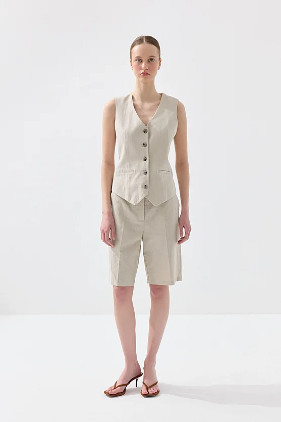 Fleto Cepli Keten Yelek - Taş - Gusto